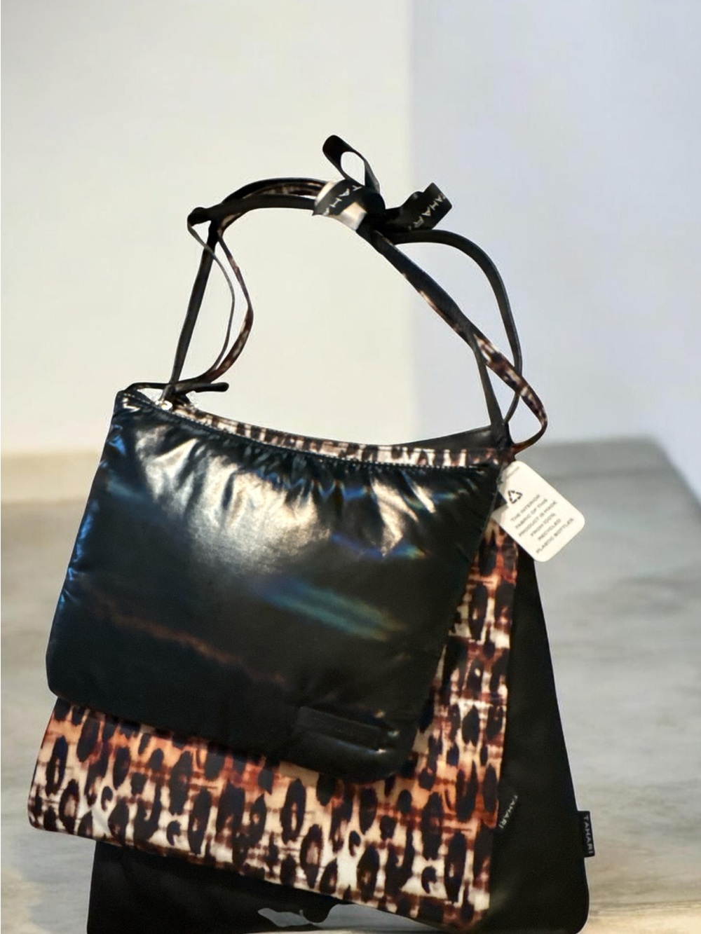 Tahari Black Shoulder Bag with Leopard-Print Flap